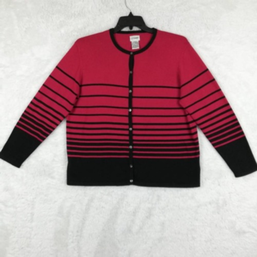 Liz Baker Sweater Womens Cardigan Red Black Striped Long Sleeve Button Knit XL